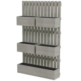 5 Box Raised Garden Bed w/ Trellis for Climbing Plants, Wall-Mounted Wood Planters w/ Drainage Holes, Gray