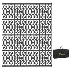 Portable Patio Mat Reversible Black & White Chain Design Outdoor Rug 8x10 with Carry Bag for RV Camping
