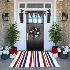 1pc 4th Of July Patriotic Door Mat - Blue White Red Striped Welcome Mat With Stars & Stripes Design, Durable Non-Woven Fabric & Rubber Backing, H (Option: 30x18)