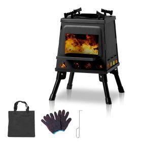 Portable Camping Stove with Detachable Iron Panels Black 27x27x34cm Lightweight Foldable Outdoor Wood Burning Fire Pit for Picnic BBQ Hiking Back (Color: BLACK)